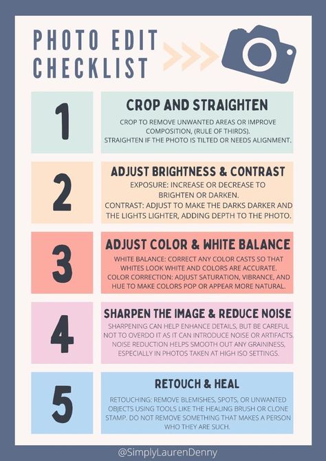 5 easy steps to complete when editing any photo. ADOBE Lightroom or Photoshop or your chosen app for editing photography . Free Photography Editing Apps, Types Of Photography Editing Styles, Photography Lessons Tutorials, Canon Camera Photography, Photography Freebies, Backlight Photography, Easy Photoshop Tutorials, Photoshop For Beginners, Editing Checklist / #lightroompresets #lightroompresetsfree #lightroompreset #PhotoEditingTips #AestheticPhotos #CreativePresets #InstaEdits #PresetCollection Edit Photography Ideas, Photography Tutorials For Beginners, Prompts For Photographers, Beginner Photography Poses, Free Photography Editing Apps, Photography Editing Tips, Canon 4000d Photography, Tips For Photography, Types Of Photography Editing Styles