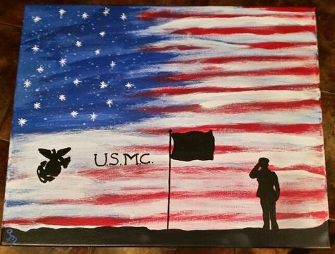 Marines painting Marine Corps Drawings, Usmc Drawings, Marine Corps Painting, Veterans Day Paintings On Canvas Easy, Marine Corps Art, American Flag Canvas Painting, Marine Corps Symbol, Marine Flag, Marine Painting