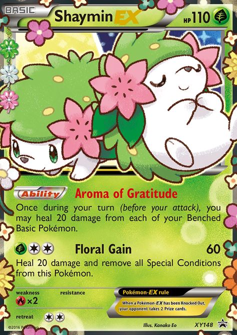 Ability: Aroma of Gratitude Once during your turn (before your attack), you may heal 20 damage from each of your Benched Basic Pokemon. [G][C][C] Floral Gain: 60 damage. Heal 20 damage and remove all Special Conditions from this Pokemon. Shaymin Tattoo, Audino Pokemon, Tcg Card Design, Pokemon Card Art, Cool Pokemon Cards, Grass Type, Gotta Catch Them All, Pokemon Oc, Animatronic Fnaf