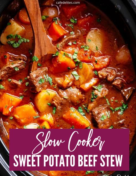 Sweet Potato Beef Stew, Crock Pot Sweet Potatoes, Slow Beef Stew, Sweet Potato Stew, Rv Cooking, Slow Cooker Sweet Potatoes, Crockpot Recipes Beef Stew, Crock Pot Potatoes, Crockpot Stew