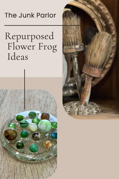 Discover the charm of upcycling with our 'Repurposed Flower Frog Ideas' at The Junk Parlor! Breathe new life into your décor and transform your space into a cozy, vintage-inspired haven. Add a touch of whimsy and a splash of creativity to your home - it's time to embark on this repurposing journey today! How To Use Flower Frogs, Vintage Planters Repurposed, Glass Flower Frog Ideas, Flower Frog Display, Flower Frogs Vintage, Wall Pocket Ideas, Vintage Repurposed Items, Frog Ideas, Glass Frogs