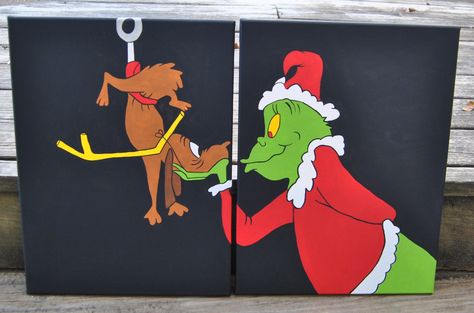 Grinch Christmas paintings Grinch Painting, Grinch Drawing, Playroom Artwork, Xmas Drawing, Christmas Art For Kids, Painted Pictures, Diy Christmas Paintings, Christmas Canvas Art, Art Playroom