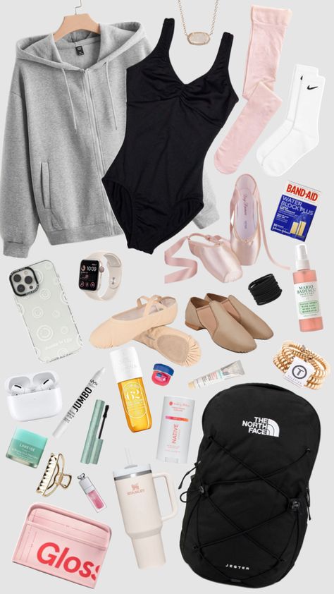 #dance #ballet What To Keep In Your Dance Bag, Ballet Outfits Practice, Dance Aesthetic Outfits, What To Wear To Dance Class Outfits, Dance Necessities, Dance Class Outfits, Ballet Moodboard, Dance Outfit Ideas, Ballet Class Outfit