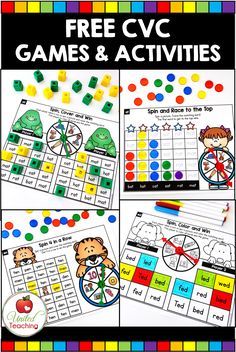 First Grade Literacy Games, Cvc Games Kindergarten, Kindergarten Jobs, Kinder Literacy Centers, Cvc Games, Cvc Word Games, Spinner Games, Writing Cvc Words, Word Family Activities