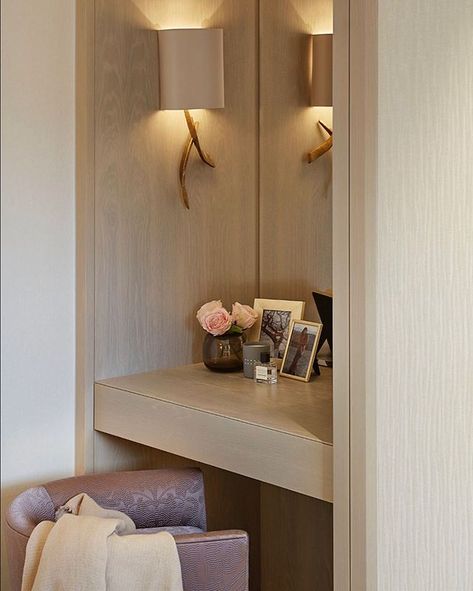 Dressing table nook with hidden drawer built into the end of a run of wardrobes in this guest bedroom . . .  #interiordesign #interiorarchitecture #luxuryinteriors #laurahammett #dressingtable Table Nook, Built In Dressing Table, Laura Hammett, Mansion Bedroom, Speedy Gonzales, Elegant Interior Design, Dressing Area, Wardrobe With Dressing Table, Dressing Room Design