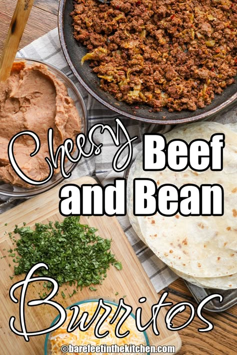 Cheesy Beef and Bean Burritos Bean And Beef Burritos, Beef And Bean Burritos, Bean Burritos Recipe, Homemade Burritos, Burritos Beef, Beef Burrito Recipe, Bean And Cheese Burrito, Bean Burritos, Leftover Beef