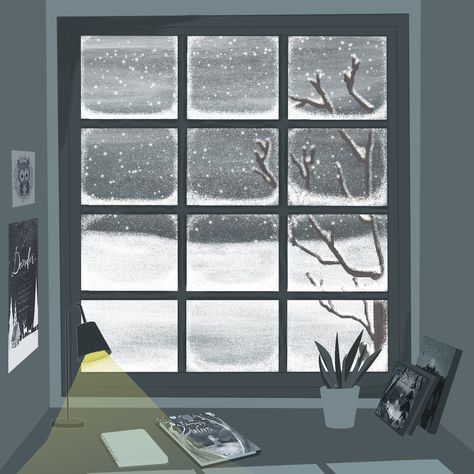 Snowy Window Illustration, Snowy Window Drawing, Winter Window Drawing, Winter Morning Drawing, Snowfall Drawing, Pantone Painting, Lofi Animation, Snowy Window, Christmas Widgets