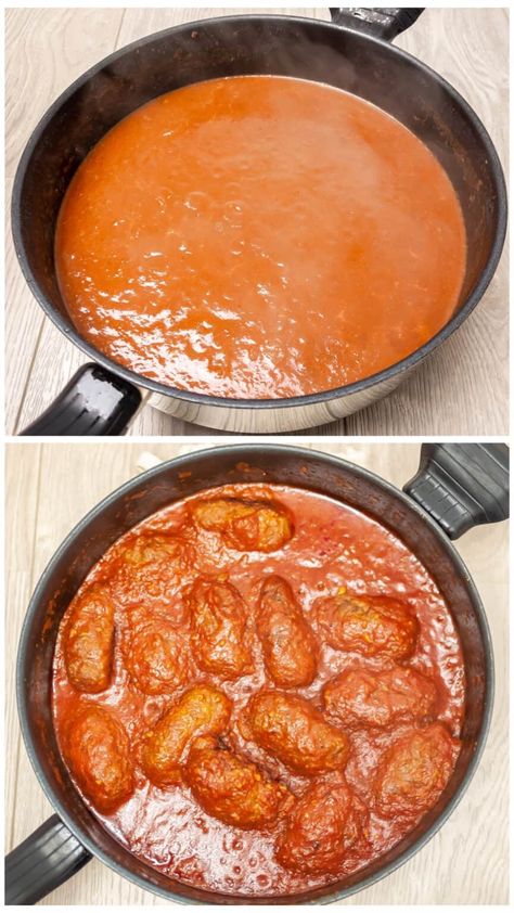 Traditional Soutzoukakia recipe (Greek baked Meatballs in tomato sauce) - My Greek Dish Tomato Balls Greek, Turkish Tomato Sauce, Greek Meatballs In Tomato Sauce, Greek Tomato Sauce, Soutzoukakia Greek Meatballs, Tomato Sauce Recipe Dishes, Soutzoukakia Recipe, Greek Dishes Traditional, Greek Sauces