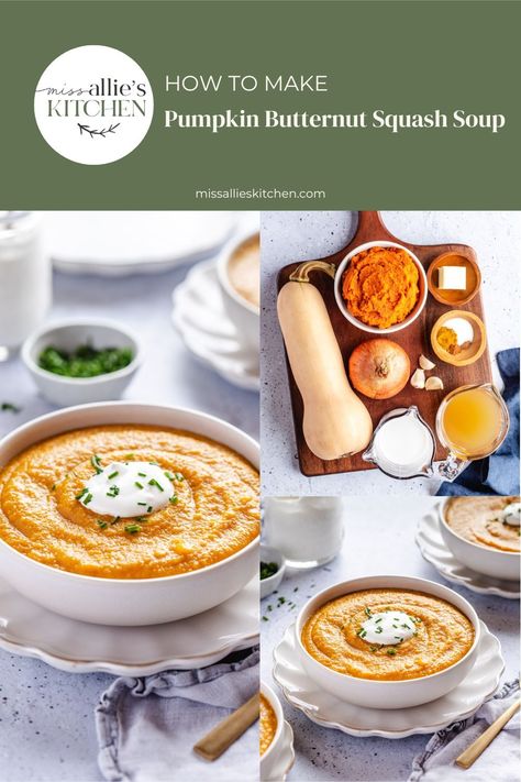 The flavor in this pumpkin butternut soup comes from combining hearty & sweet pumpkin and butternut squash with spices, onion and garlic! Butternut And Pumpkin Soup, Pumpkin And Squash Soup, Pumpkin And Butternut Squash Soup, Pumpkin Squash Soup, Pumpkin Butternut Squash Soup, Pumpkin Butternut Squash, Elk Recipes, Butternut Soup, Butternut Squash Recipes Soup