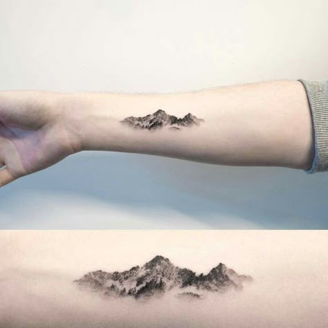 Mountain Mountain Range Tattoo, Tatoo 3d, Mountain Tattoo Design, Inner Forearm Tattoo, Moon Tattoos, Tattoo Zeichnungen, Landscape Tattoo, Small Tattoos For Guys, Mountain Tattoo