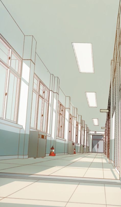 School Hallway Drawing, Classroom Reference Drawing, Hallway Reference, Hallway Perspective, Hallway Drawing, School Hallway Background, Classroom Drawing, Perspective Background, Perspective Drawing Architecture