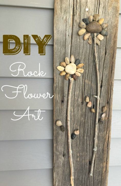 Make your own Rock Flower Art in just a few steps! All you need in rocks, sticks, and some wood - in fact, you may have everything you need right in your backg… Cuadros Diy, Rock Flowers, Cute Nail Art Designs, Diy Outdoor Decor, Fun Craft, Fall Diy, Rock Crafts, Easy Diy Crafts, Pebble Art