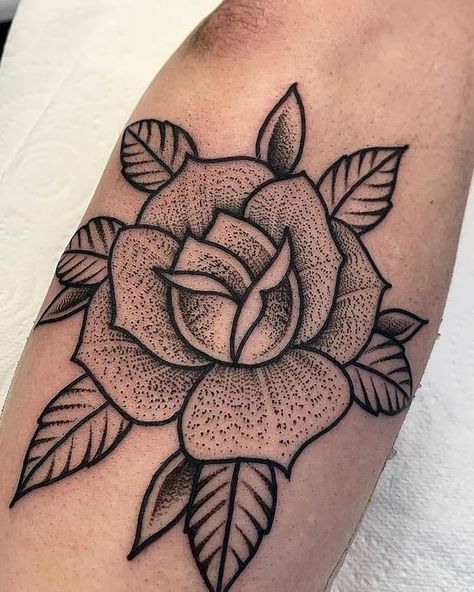 Stipple Tattoo Sleeve, Rose On Knee Tattoo, Stipple Tattoo Design, Traditional Tattoo Elbow, Stipple Tattoo, Skin Artwork, Crohns Tattoo, Studio Mural, Stippling Tattoo