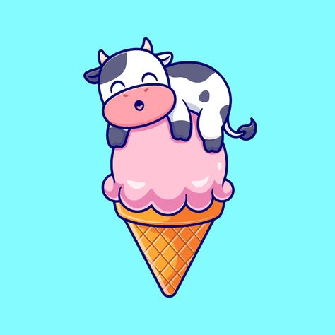 Ice Cream Cone Cartoon, Ice Cream Logo, Cow Logo, Food Icon, Animal Food, Vector Icons Illustration, Lay On, Cute Cow, Designer Logo