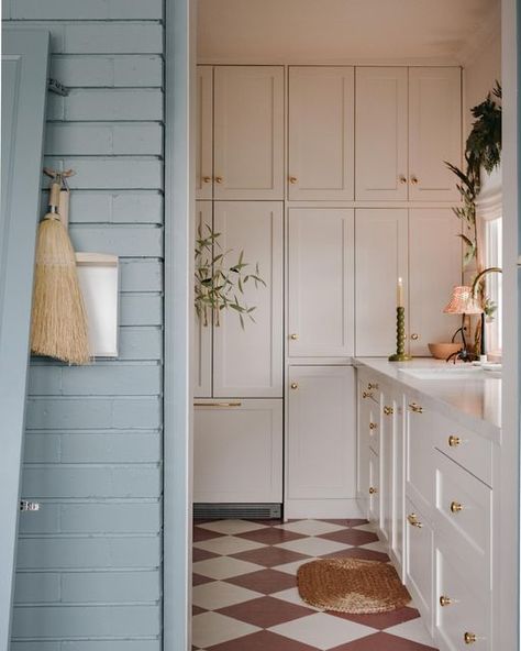 Sara | Chalk White Arrow on Instagram: "A little sneak peek at the mudroom color because I’m terrible at waiting 😝 what do you think of the blue? 💙" Japanese Carpentry, Checkered Floor, Brooms And Brushes, Kitchen Display, Kitchen Utilities, Chalk White, Kids Apron, Metal Sheet, Dining Accessories