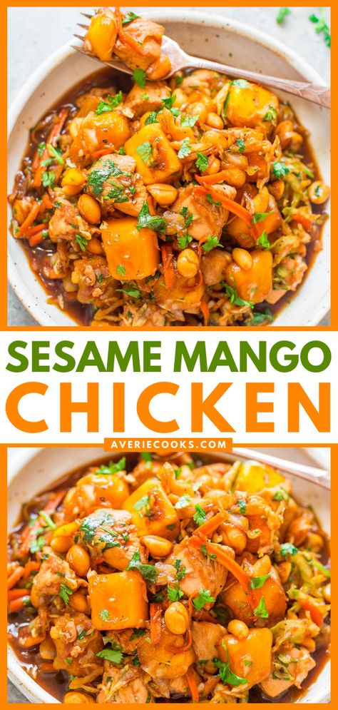 One-Skillet Sesame Mango Chicken - Averie Cooks Mango Chicken Recipes, Chicken With Mango, Cabbage And Carrots, Easy Chicken Recipes For Dinner, Mango Chicken, Averie Cooks, Fast Cooking, Chicken Recipes Healthy, Recipes With Few Ingredients