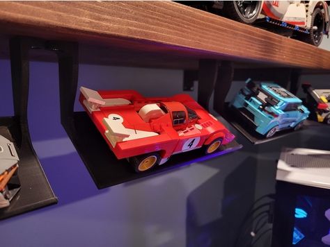 Lego Speed Champions Hanging Shelf by justanotherhobby - Thingiverse Lego Speed Champions Display Ideas, Lego Speed Champions Display, Lego Champions, Speed Champions Display, Lego Car Display Ideas, Lego Wall Storage, Lego Auto, Car Room, Lego Head