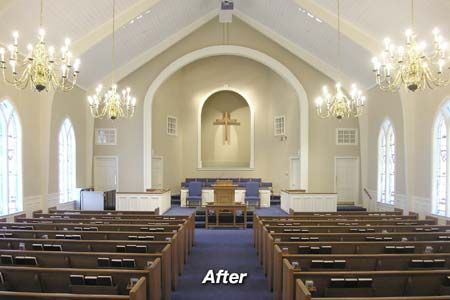 Pale walls and white ceiling create a light and airy feel Church Design Sanctuary, Sanctuary Decor, Church Sanctuary, Church Design Architecture, Altar Design, Church Interior Design, Interior Design Pictures, Historic Renovation, Modern Church