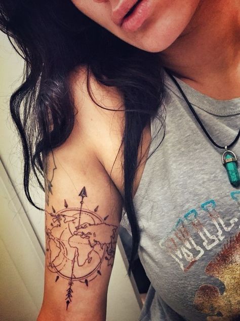 230+ Cool World Map Tattoos Designs (2022) Geography, Continent World Compass Tattoo, Tattoos Upper Arm, Sextant Tattoo, Compass Tattoos Arm, World Travel Tattoos, Compass And Map Tattoo, Graphic Map, World Map Tattoos, Tattoo Travel