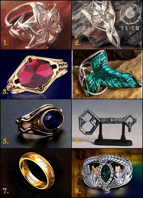 1-Nenya, Galadriel's Ring  2-Evenstar necklace Arwen  3-Narya, ring of Gandalf 4 Brooch of Lothlórien  5 Ring of Elrond Vilya 6 Key of Erebor  7 Ring to rule them all 8 Anel of Barahir ~ Aragorn Ring Of Barahir, Lord Of The Rings Rings, Earth Rings, Lord Of Rings, Rings Tattoo, Lord Of The Rings Tattoo, Lucius Malfoy, Power Ring, Fellowship Of The Ring