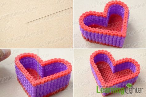 3d Perler Bead Pattern-How to Make a Perler Bead Red Heart Box- Pandahall.com Perler Bead Heart, Perler Earrings, Christmas Perler Beads, Bead Heart, Melty Bead Patterns, Pearl Beads Pattern, 3d Perler Bead, Art Perle, Fusion Beads