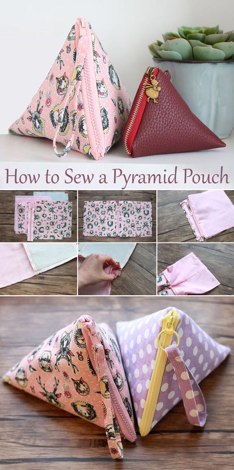 How To Sew Small Pouch, Triangle Zipper Pouch Pattern, Triangle Pouch Tutorial, Pyramid Pouch Pattern, Free Pouch Sewing Pattern, Zipper Pouch Tutorial Free Pattern, Diy Pyramid, Diy Zipper Pouch, Diy Bags Tutorial