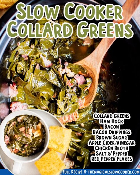 Slow Cooker Collard Greens, Crockpot Collard Greens, February Meals, Easy Collard Greens Recipe, Greens Recipe Soul Food, Collard Greens With Bacon, Southern Foods, Magical Slow Cooker, Collard Greens Recipe