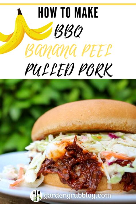 Vegan BBQ banana peel pulled pork served in a toasted vegan hamburger bun with creamy vegan coleslaw! Banana Peel Pulled Pork, Banana Peel Recipes Vegan, Banana Peel Recipes, Bbq Banana, Simple Coleslaw, Pulled Pork Roast, Vegan Pulled Pork, How To Make Bbq, Banana Peels