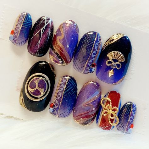 Genshin Nails, Shiny Nails Designs, Anime Nails, Japanese Nail Art, Raiden Shogun, Pretty Gel Nails, Fancy Makeup, Soft Nails, Kawaii Nails