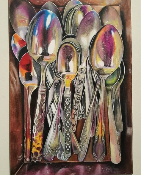 Still Life Pictures To Draw, Gathering Of Objects, Gcse Art Gathering, Teaspoon Drawing, Gathering Art Gcse Ideas, Gcse Art Objects Theme, Collection Art Theme, Collections Art Gcse, Shelf Life Art