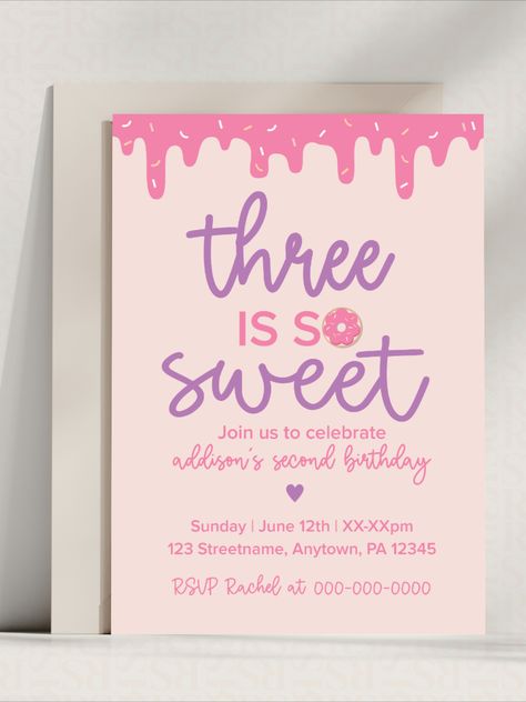 Digital Download Editable Template | Third Birthday Party Ideas | Three is So Sweet Donut Theme Sweet Three Birthday Party, Three Girl Birthday Party Ideas, Birthday Theme For 3 Year Girl, 3rd Birthday Theme Ideas Girl, 3rd Birthday Party Themes Girl, Third Birthday Girl Theme, So Sweet Birthday Party, Three Birthday Theme Girl, Three Is So Sweet Birthday