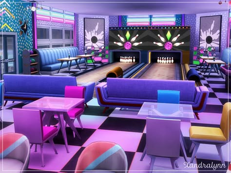 Sims 4 Retro Diner, Sims 4 Nightclub Ideas, Sims Arcade, Sims 4 Bowling Alley Cc, Sims 4 Bowling Alley Build, Sims 4 Roller Rink, Sims 4 Bowling Cc, Sims 4 Diner Cc, Sims 4 Bowling Alley