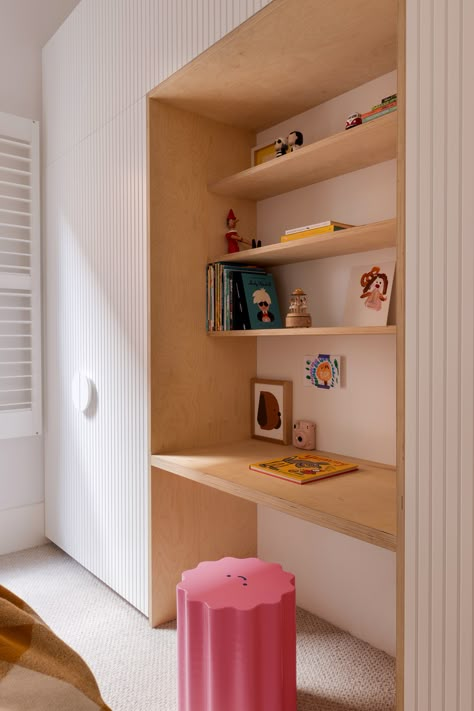 Study nook built into bedroom joinery featuring V.Happy Co Musk Stick Stool and D for Dog Print Bedroom Joinery, Kids Desk Area, Half Moon Handles, V Happy, Desk Nook, Bedroom Wall Decor Ideas, Kids Rooms Inspo, Kids Bedroom Inspiration, Study Nook