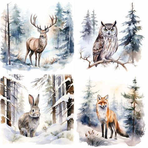 Winter Forest Animals, Woodland Animal Birthday, Bullet Art, Woodland Animal Art, Watercolor Winter, Winter Forest, Digital Planners, Brother Scan And Cut, Forest Animals