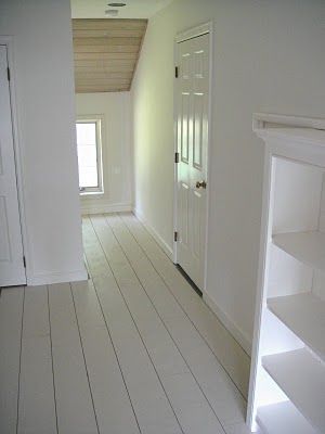 plywood plank floor: http://remodelista.com/posts/paints-palette-white-painted-floors-from-frugal-farmhouse | Farmhouse Style Plywood Plank Flooring, White Painted Floors, Painted Wood Floors, White Wood Floors, Plywood Flooring, Wide Plank Flooring, Wooden Floors, White Floors, Hur Man Målar