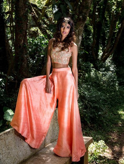 Floral Crop Top & Silk Palazzo Pants - WaliaJones Palazzo Pants And Crop Top, Diwali Outfit Ideas For Women, Diwali Outfit Ideas, Crop Top Indian, Sharara Saree, Silk Palazzo Pants, Indian Outfits Modern, Diwali Outfit, Diwali Outfits