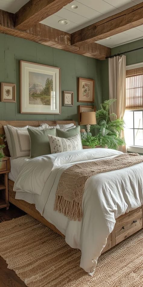 Design Ložnic, Aesthetic Bedroom Ideas, Cottage Bedroom, Green Walls, Green Bedroom, Country Bedroom, Bedrooms Decor, Bedroom Green, Master Bedrooms Decor