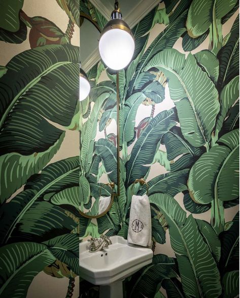 Palm Leaf Wallpaper Bathroom, Leaf Wallpaper Bathroom, Pink Sofa Living Room, Martinique Wallpaper, Mural Pattern, Powder Room Lighting, Tropical Bathroom, Wallpaper Bathroom, Palm Leaf Wallpaper