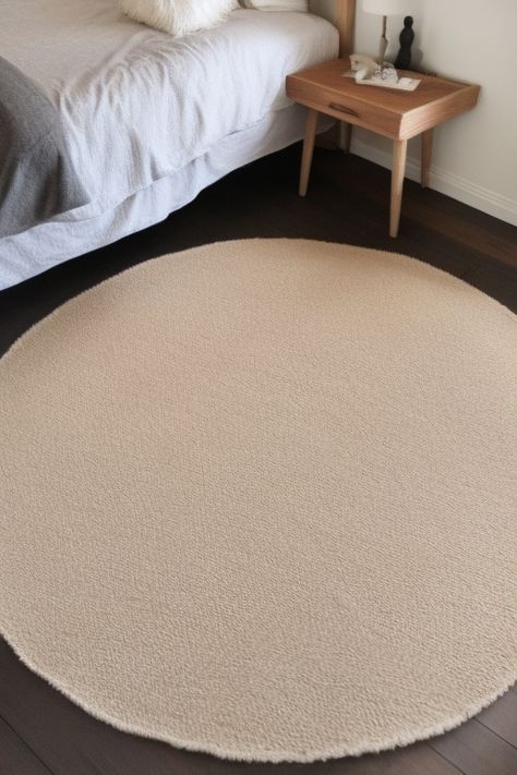 Beige Ivory Rounded Rug close up in a minimalistic bedroom interior with wood accents. Round Rug Bedroom, Cream Round Rug, White Fluffy Rug, Circle Cream Rug, A Light Green Circle Rug, Office Room Design, Beige Circle Rug, Modern Boho Bedroom, Japandi Interiors