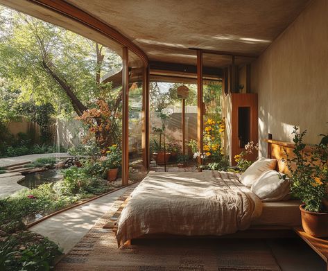 u1942658271_create_a_bedroom_with_large_curved_windows_that_o_79f68647-843b-4bfc-8e18-5c654ba5ca08_3 Biophilic Bedroom, Curved Windows, Solar Tubes, Sustainable Interior Design, Connection To Nature, Biophilic Design, Indoor Fountain, Eco Friendly Paint, Beauty And Health