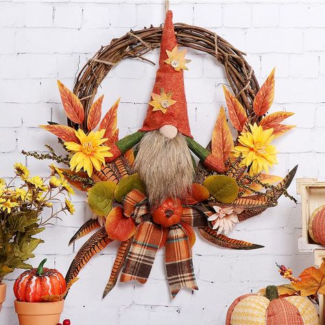 Fireplace Cabinets, Fall Grapevine Wreath, Gnome Wreath, Halloween Front Doors, Room Fireplace, Fall Grapevine Wreaths, Harvest Wreath, Burlap Bow, Harvest Decorations