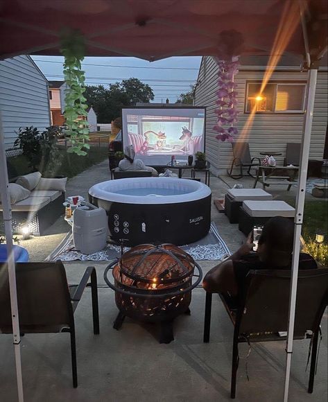 Backyard Set Up Ideas, Diy Backyard Ideas On A Budget Cozy, Budget Hot Tub Ideas Backyard, Backyard Chill Ideas, Garage Hot Tub Room, Cool Backyard Ideas Creative, Diy Outdoor Spaces On A Budget, Outdoor Sitting Area On A Budget, Inflatable Hot Tub Ideas Backyard Budget