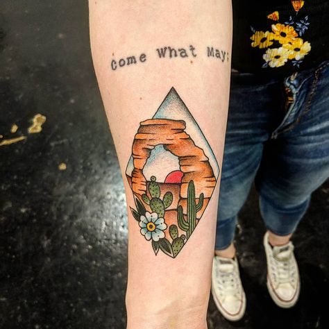 Desert And Ocean Tattoo, Delicate Arch Tattoo, Desert Theme Tattoo, Western Tattoos Cactus, Arches Tattoo Utah, Matching Tats, Girl Arm Tattoos, Cactus Tattoo, Rock Tattoo