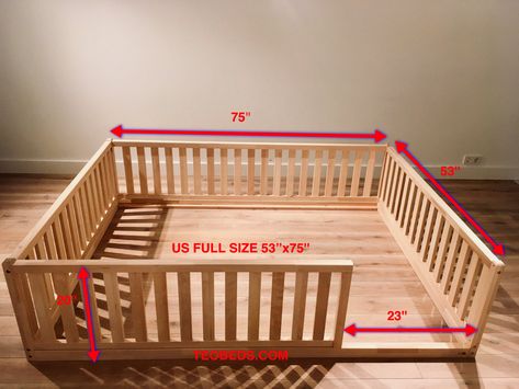 Montessori Bed Measurements, Montessori Bedroom 12 Months, Full Size Montessori Bed Plans, Full Size Floor Bed Toddler, Toddler Full Size Bed Ideas, Diy Toddler Bed On Floor, Montesorri Bed, Full Size Montessori Bed, Full Size Toddler Bed