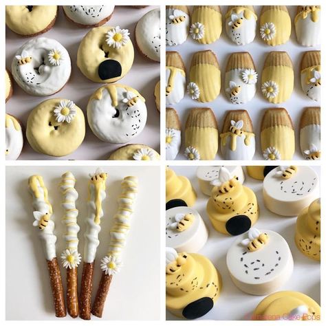 627 Beğenme, 22 Yorum - Instagram'da Dee Camarena (@camarenacakepops): "🐝Bee Theme🐝 #Donuts #chocolatedonuts #pretzels #caramelpretzels #oreos #madeleines #cookies…" Bumblebee Theme Party, Bee And Daisy Birthday Theme, Madeleines Cookies, Bee Treats, Honey Bee Baby Shower, Bee Theme Party, Babyshower Party, Bee Birthday Party, Bee Baby Shower Theme