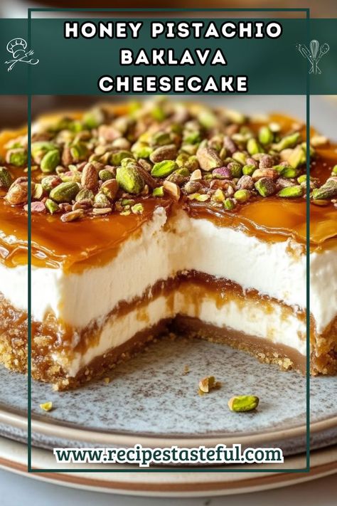 A decadent dessert combining the flaky texture of baklava with a creamy cheesecake, topped with honey and pistachios for a delightful finish. Baklava Cheesecake Recipe, Pistachio Cheesecake Recipe, Honey Pistachio, Pistachio Cheesecake, Baklava Cheesecake, Pistachio Baklava, Springform Pan, Honey Recipes, Creamy Cheesecake