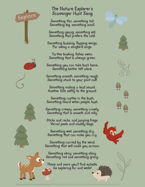 A freebie for your school room and a fun song to sing while on a nature walk. This poem reminds you to use all your senses when observing and exploring nature #natureactivites #outdooractivities #printables #natureprintables Songs About Nature, Nature Poems, Nature Poems For Kids, Nature Kindergarten, English Rhymes, Simple Poems, Poems About School, Rhyming Poems, Camp Songs