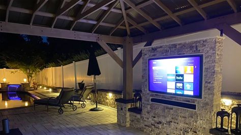 We absolutely love our yardistry product 12x16 Gazebo Ideas, Backyard Tv Ideas, Gazebo Theater, Outdoor Tv Ideas Patio Design, Gazebo Yardistry, Outdoor Tv Setup, Sunroom Deck, Patio Tv, Aluminium Roof