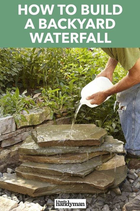 Corner Outdoor Water Feature, Modern Garden Layout Design, Diy Yard Waterfall, Outdoor Water Falls Backyards, Outdoor Water Features Diy Waterfalls, Pondless Waterfalls Backyard Diy, How To Build A Waterfall Step By Step, Diy Rock Fountain Water Features, Diy Outdoor Fountains How To Build