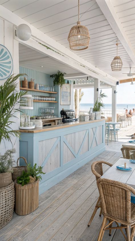 Coffee Bar Styling Coastal Chic Kitchen Island, Beach Cafe Exterior, Coastal Coffee Shop Aesthetic, Beach Bars Design, Neutral Cafe Aesthetic, Coastal Bookstore, Kitchen Cafe Ideas, Modern Beach Interior, Coastal Restaurant Design